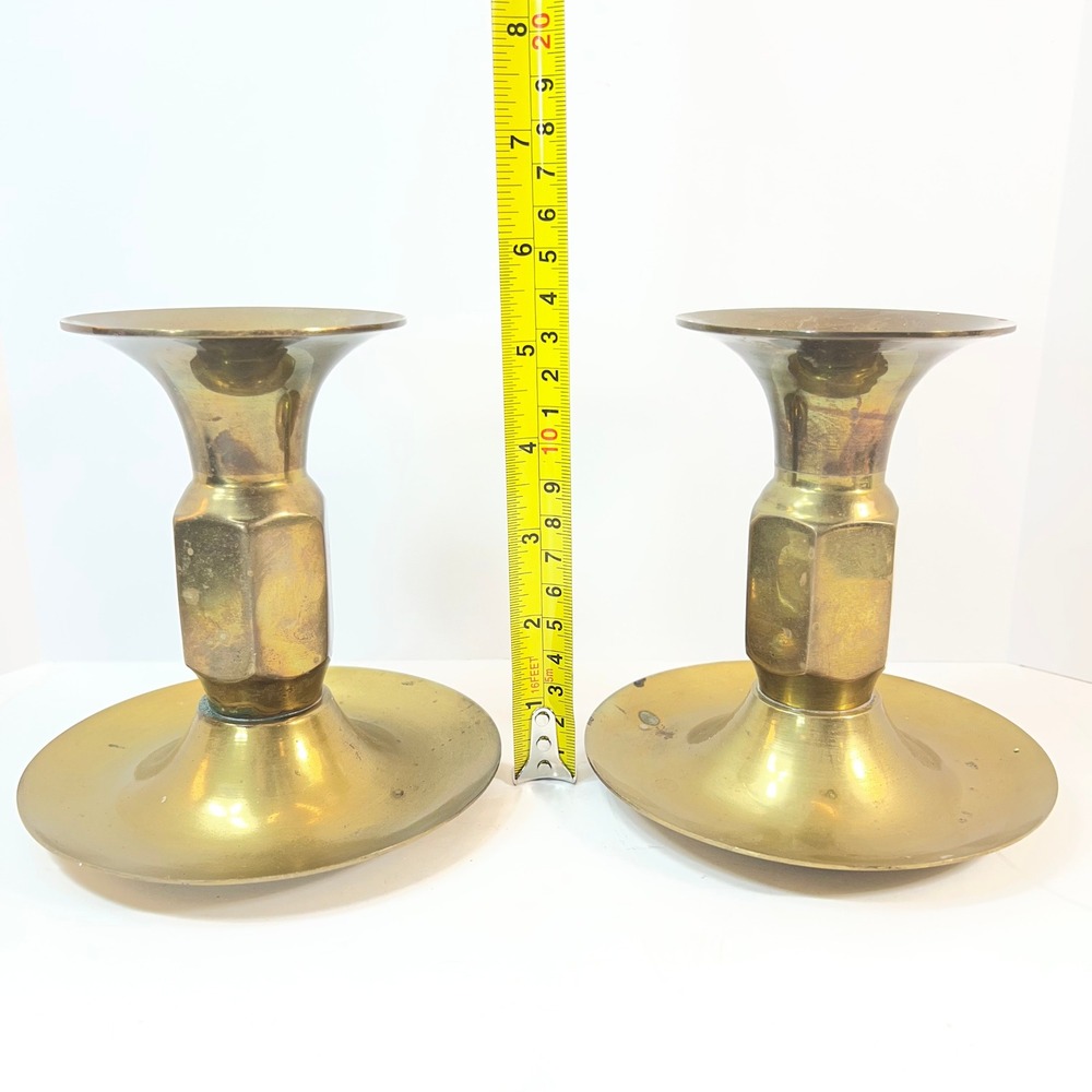 Vintage Brass Candlestick Holders Set of 2 Hexagon Stem Made in Taiwan Gold 5in - Picture 2 of 8